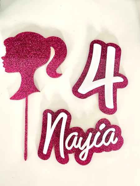 Hot Pink Glitter Doll Head Girls Custom Cake Topper Set