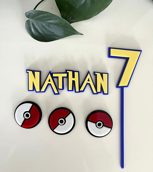 Pokémon themed Birthday Cake Topper, charm and Pokeballs Set