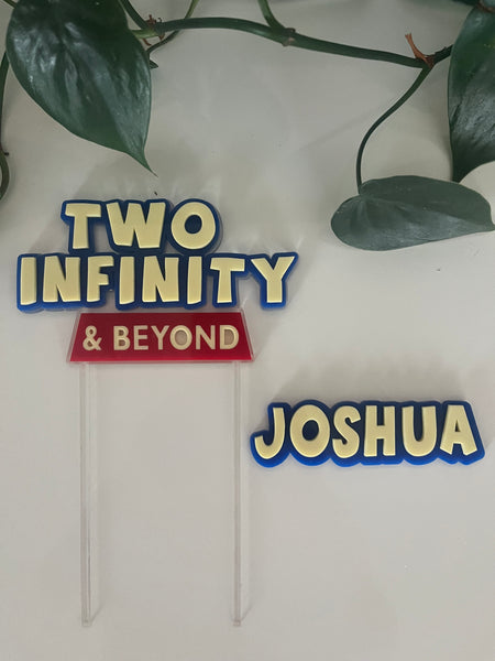 Custom Two Infinity & Beyond kids themed Birthday Cake Topper & Name charm