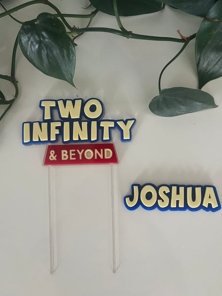 Custom Two Infinity & Beyond kids themed Birthday Cake Topper & Name charm