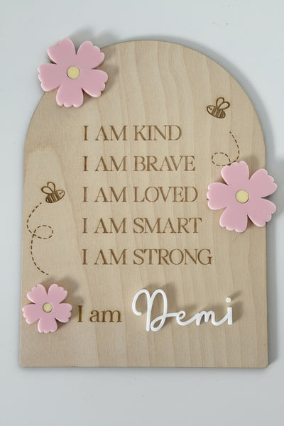 Kids Name Affirmations Board with Flowers and Bees - shelf display