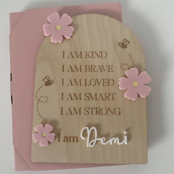 Kids Name Affirmations Board with Flowers and Bees - packaged