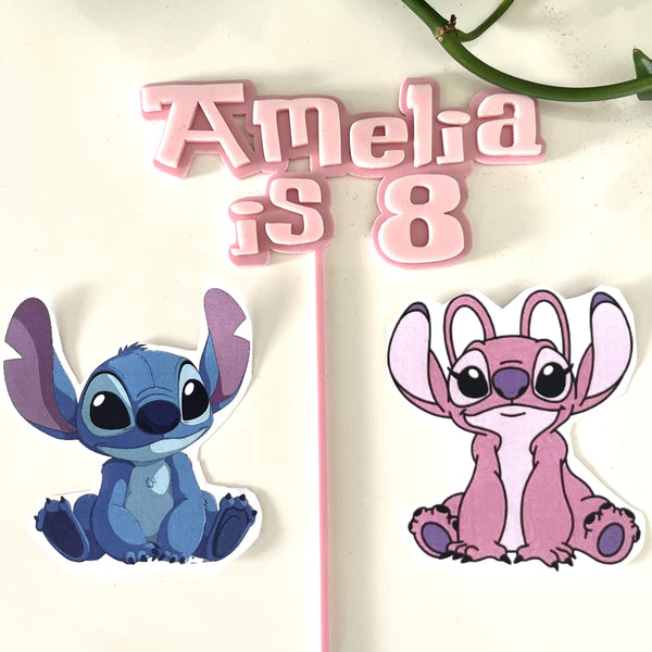 Stitch-themed birthday card with 'Amelia is 8' text on a white background.