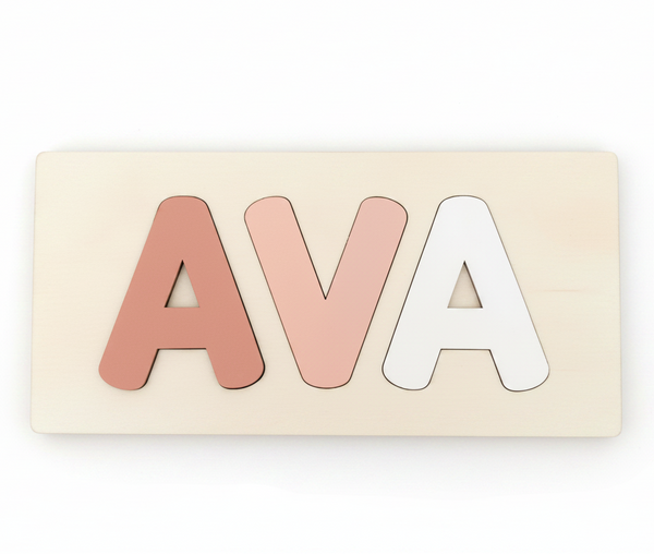 Ava name puzzles made of wood in Peachy colours