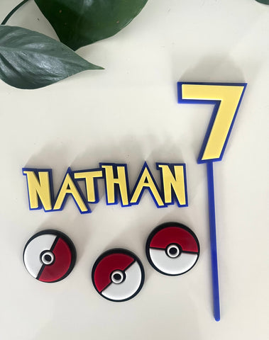 Pokémon themed Birthday Cake Topper, charm and Pokeballs Set