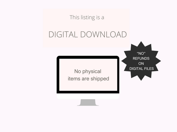 Digital download listing with a computer monitor and text on a white background