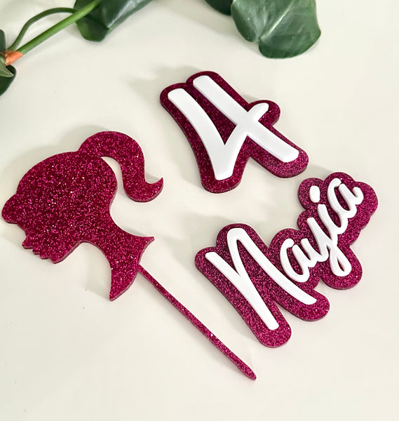 Hot Pink Glitter Doll Head Girls Custom Cake Topper Set