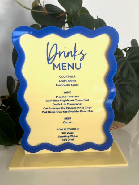 Wavy Border Drinks Menu Signage - Personalised Acrylic Wedding Bar Sign