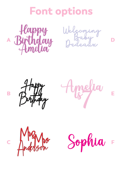 A digital graphic showing font options for a personalized birthday message, with six different script styles labeled A through F on a white background under the heading 'Font options'.