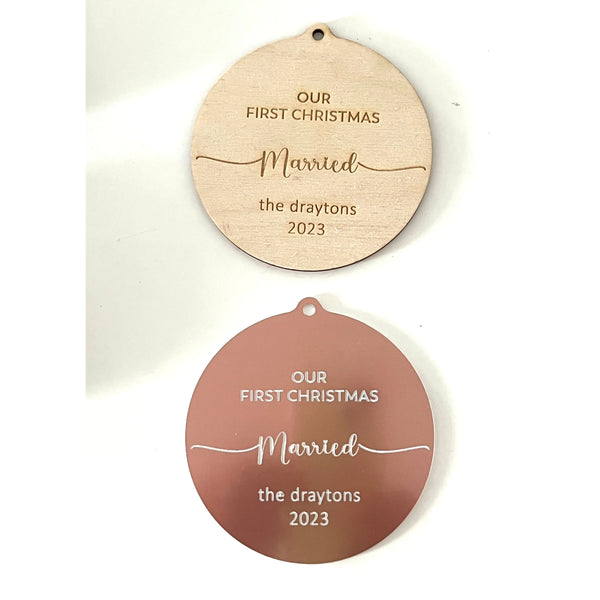 Our First Christmas Married Tree Bauble Ornament - Double-Sided Birch Wood and Brushed Rose Gold Acrylic
