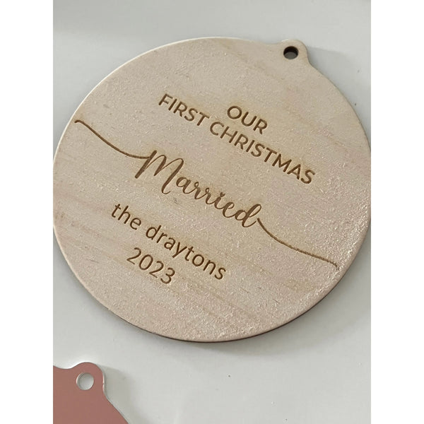 Our First Christmas Married Tree Bauble Ornament - Double-Sided Birch Wood and Brushed Rose Gold Acrylic