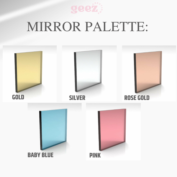 Geez mirror palette with gold, silver, rose gold, baby blue, and pink mirrors on a white background.