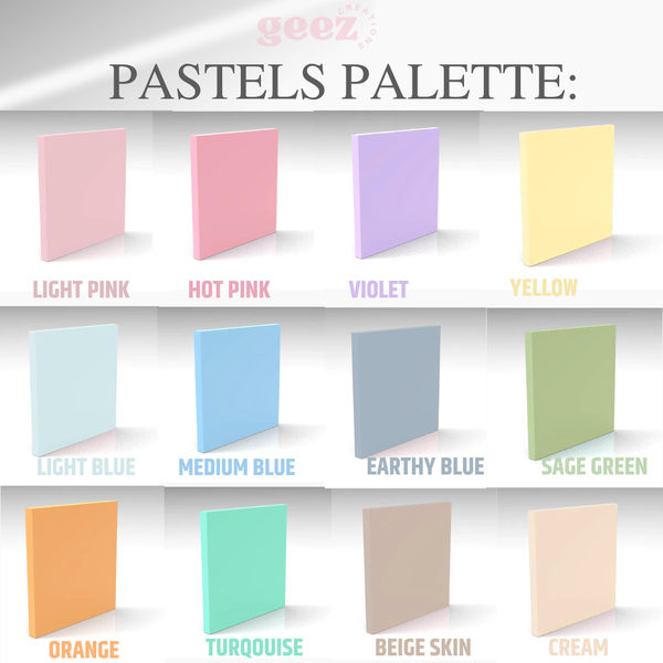 Pastel color swatches labeled with names on a white background