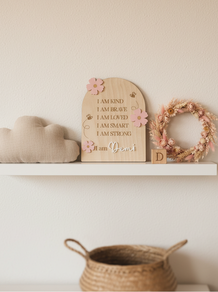 Kids Name Affirmations Board with Flowers and Bees Boho Nursery Vignette