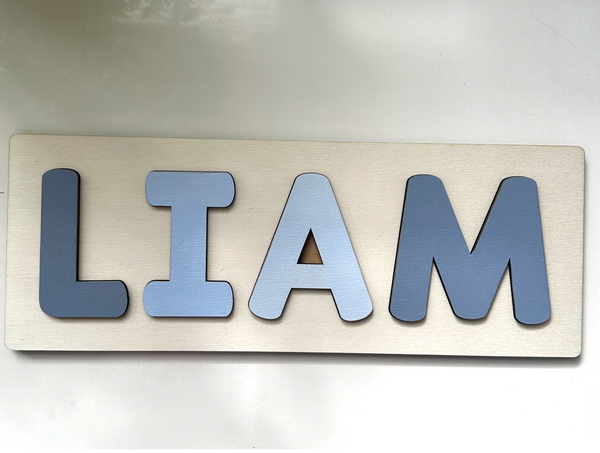 A rectangular brushed-metal nameplate with raised letters spelling 'LIAM' in alternating light and medium blue shades, photographed on a white surface with a small plant leaf visible in the upper left.
