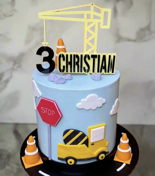 Personalised Construction Crane, Age and Charm Cake Topper Set