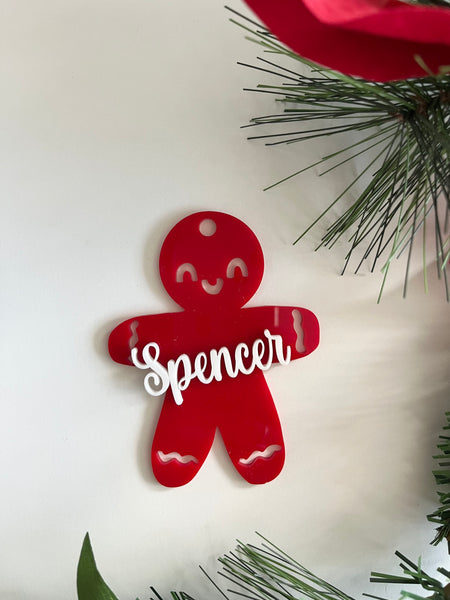 Personalised Gingerbread boy and girl Christmas Tree ornaments in red