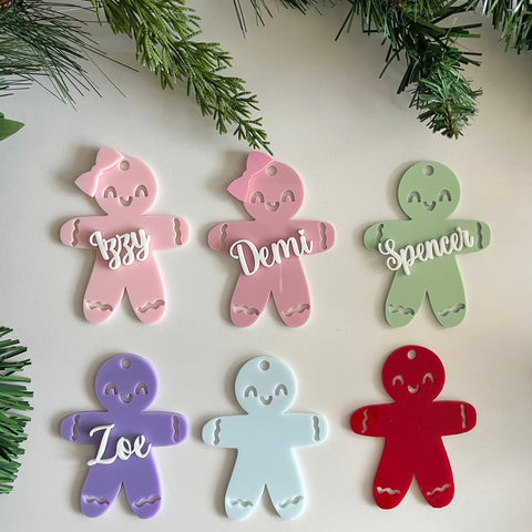 Personalised Gingerbread boy and girl Christmas Tree ornaments in 6 colours
