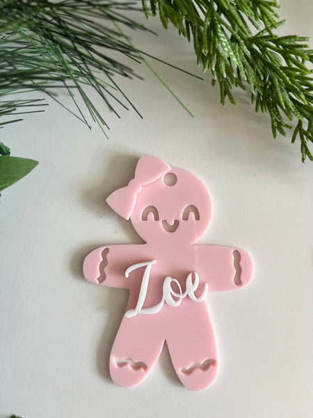 Personalised Gingerbread boy and girl Christmas Tree ornaments light pink