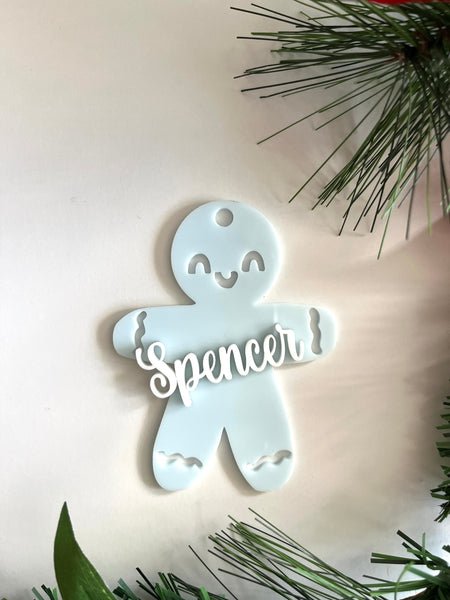 Personalised Gingerbread boy and girl Christmas Tree ornaments light blue