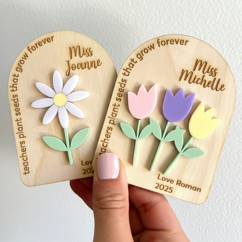 Personalised Teacher Educator Wooden Gift Plaque with Flowers Magnet