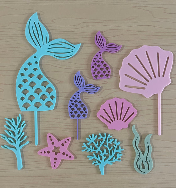 Personalised Under the Sea Mermaid 9 piece Birthday Cake Topper set in Pastels