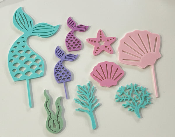 Personalised Under the Sea Mermaid 9 piece Birthday Cake Topper set in Pastels