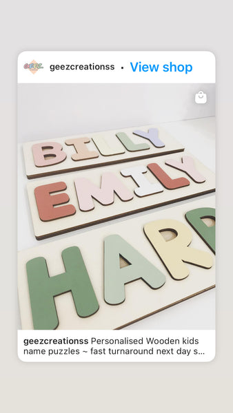 Personalised wooden name puzzles with colorful letters on a light gray background