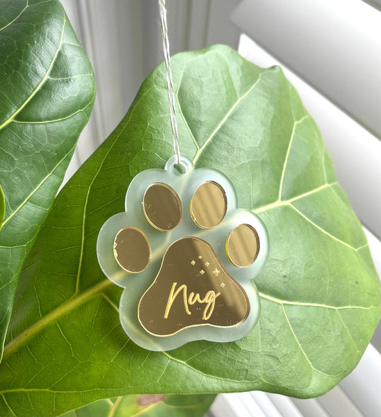 Pet paw christmas tree ornament in Frosted acrlylic and gold mirror