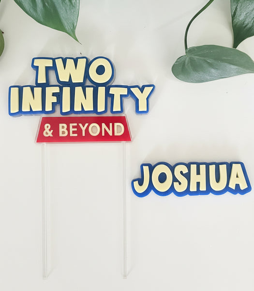 Two infinity and beyond cake topper with name Joshua 