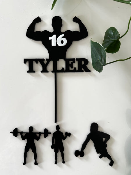 Tyler 16 Body Builder cake topper in Black and charms