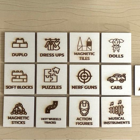 Wooden toyoom tub storage tags with pictures