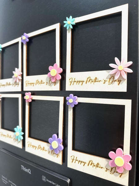 Wooden polaroid magnet frame for Mother’s Day in kitchen setting