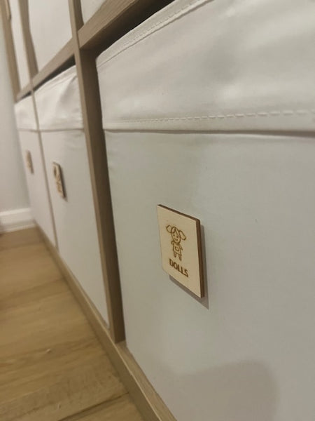 Wooden toyoom tub storage tags with pictures