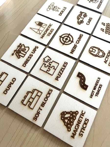 Wooden toyoom tub storage tags with pictures