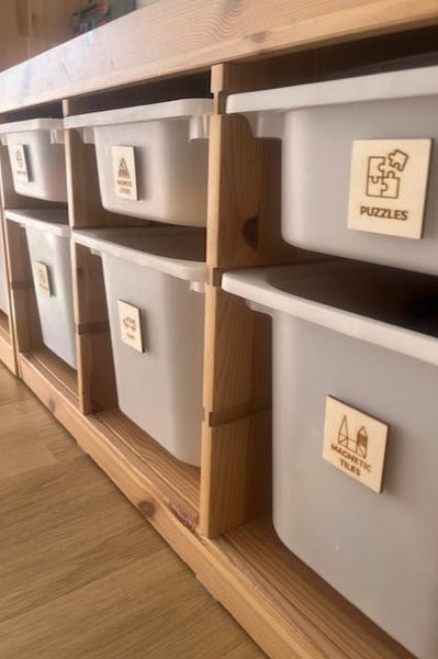 Wooden toyoom tub storage tags with pictures