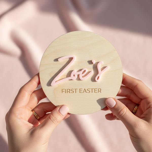Zoes first easter wooden plaque in pink