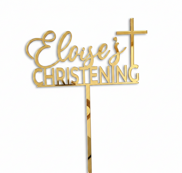 Personalised gold mirror acrylic Christening cake topper with cross
