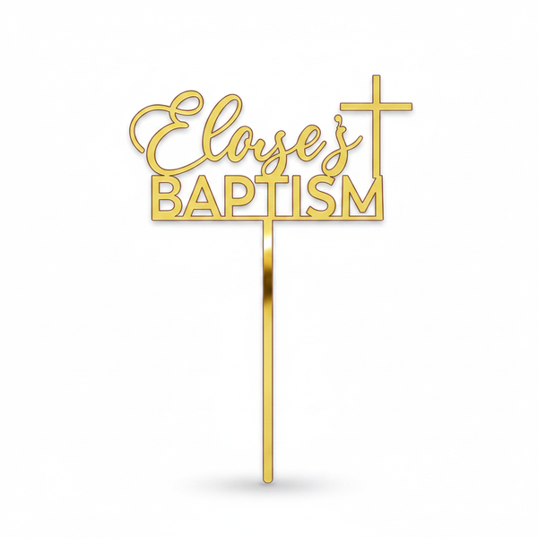 Personalised gold mirror acrylic Baptism cake topper with cross
