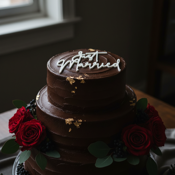 Just Married Charm on Dark Wedding Cake