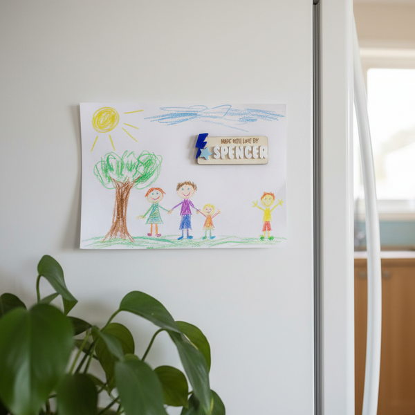 A white refrigerator door in a kitchen setting, featuring a child's colorful crayon drawing of a family and tree, along with a small magnetic calendar.