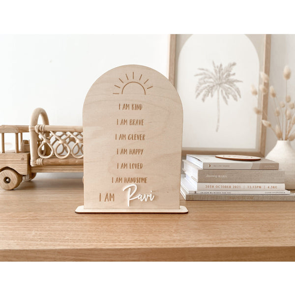 Kids wooden affirmations board on stand